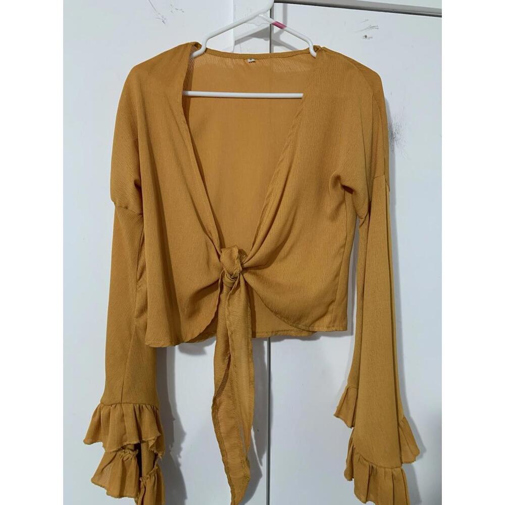 Ladies Small‎ Cropped Tie Front Mustard Blouse With Huge Bell Sleeves